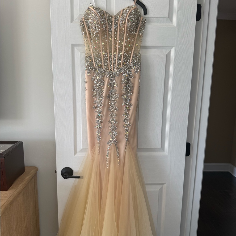Jovani Gold and Silver Strapless Prom Gown